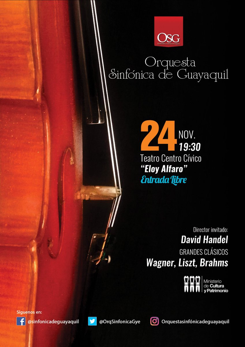 SinfonicaDeGye's tweet photo. Te esperamos este viernes, 24 de noviembre a las 19h30. Teatro Centro Cívico “Eloy Alfaro” ¡Vive la música en vivo! #EntradaLibre https://t.co/6ovdC00Aif