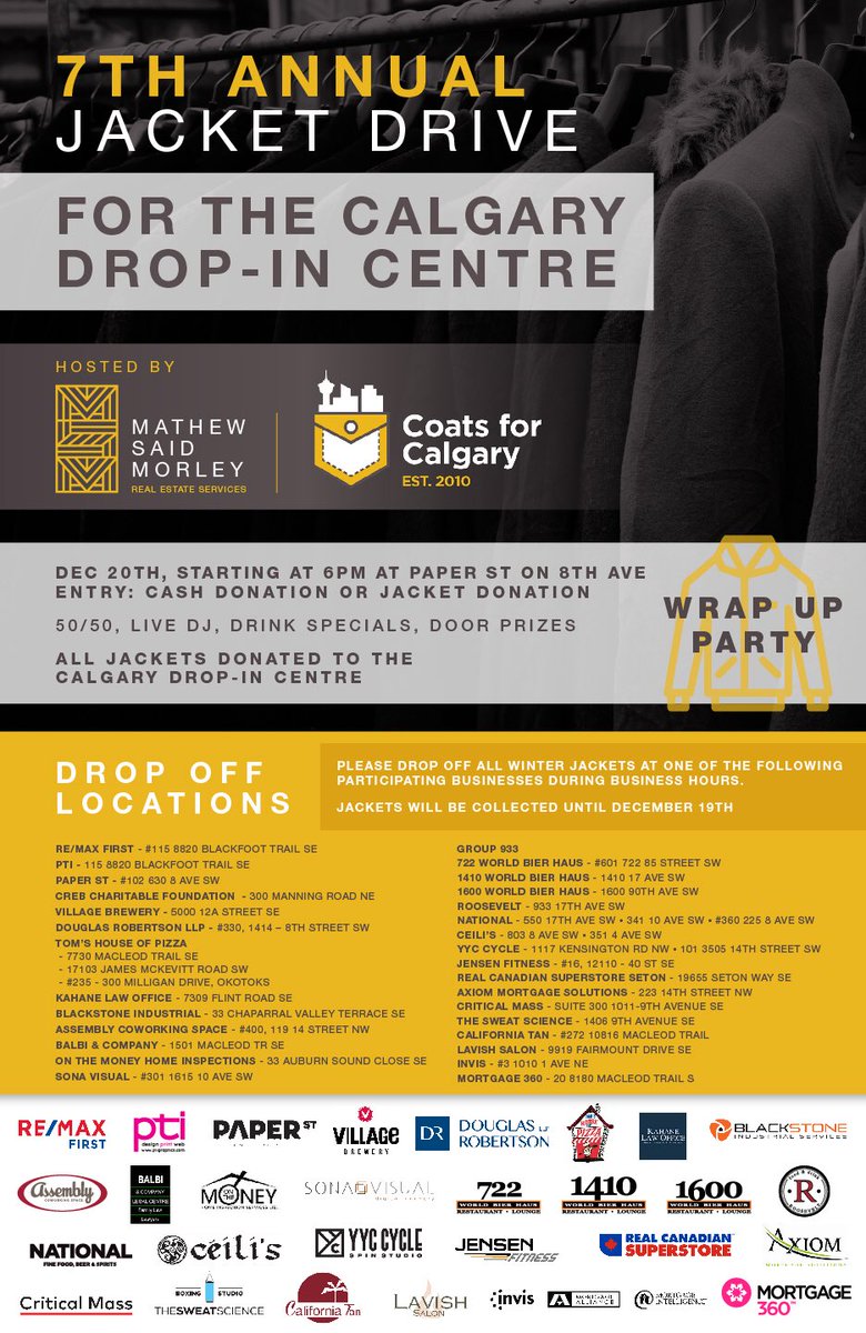 MattSaidREMAX's tweet photo. 28 days left for this years Coats For Calgary Jacket Drive! If you have ANY coats to donate feel free to contact me or drop them off at any of our 35 drop locations. Thanks to everyone that have all ready pitched in! #yyc #yycGives #yycCares #CoatsForCalgary https://t.co/Vwp8dmUlAv