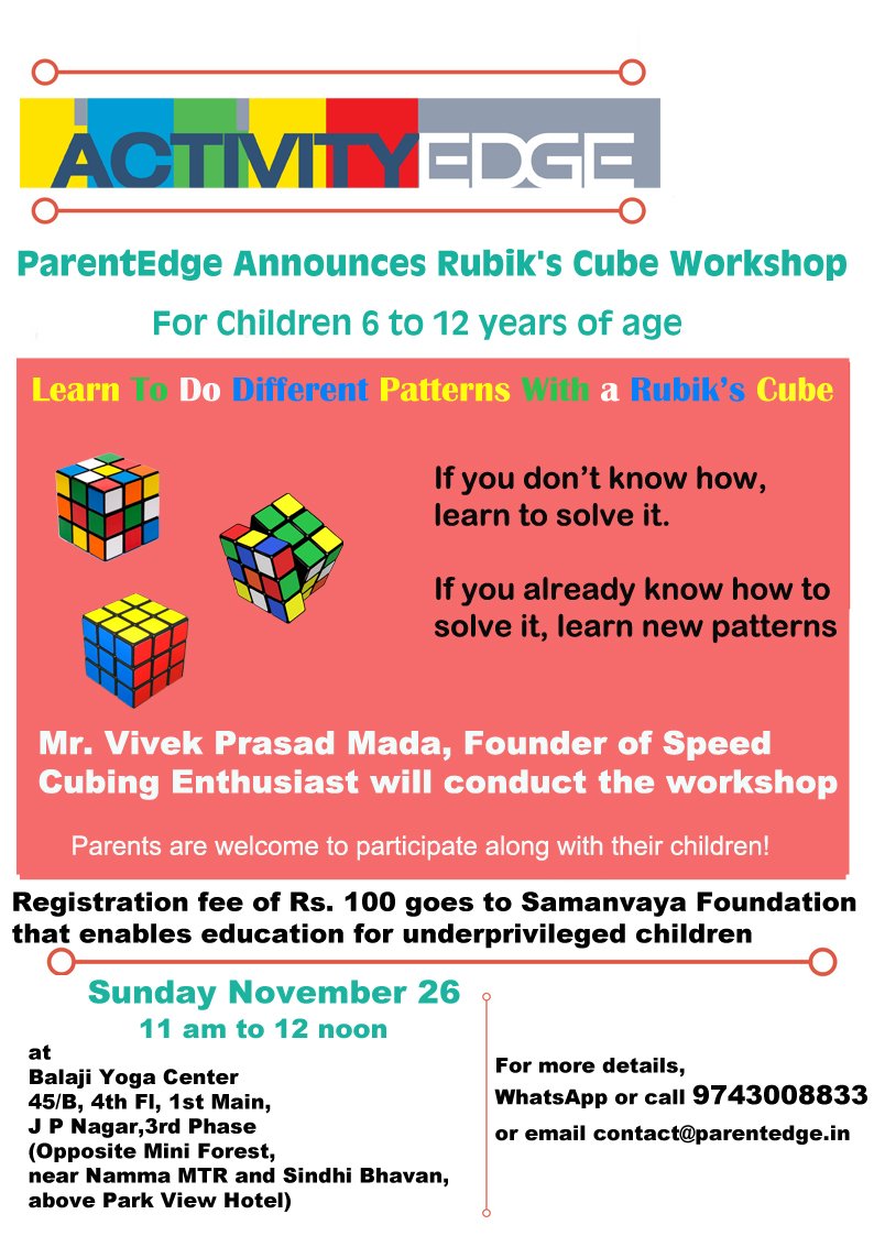 ParentEdge's tweet photo. Hurry ! Register Now...... ONLY FEW SPOTS AVAILABLE!
#ParentEdge #RubiksCube #ChildrenWorkshop #Workshop #ActivityEdge https://t.co/dU5TakhIzl