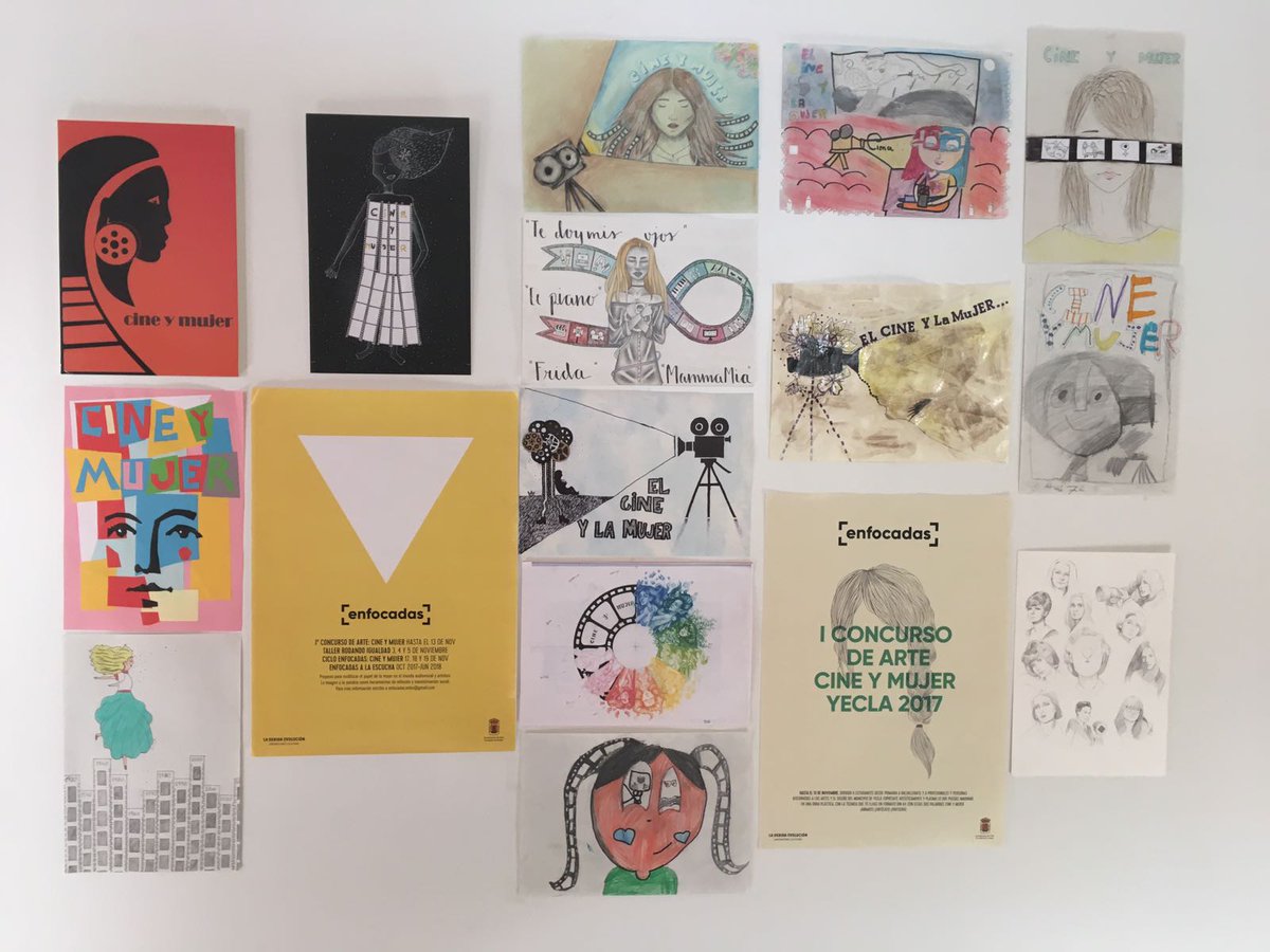 EnfocadasY's tweet photo. #ENFOCADAS recibió más de 60 obras para el I #ConcursoCineMujer. Agradecemos la participación y tanto arte.  La exposición estará hasta la próxima semana en el hall del salón de actos del IES "Azorín"  ¡Gracias también a la Escuela Municipal de Bellas Artes! #Yecla @AytoYecla https://t.co/hbbn5hfRWj