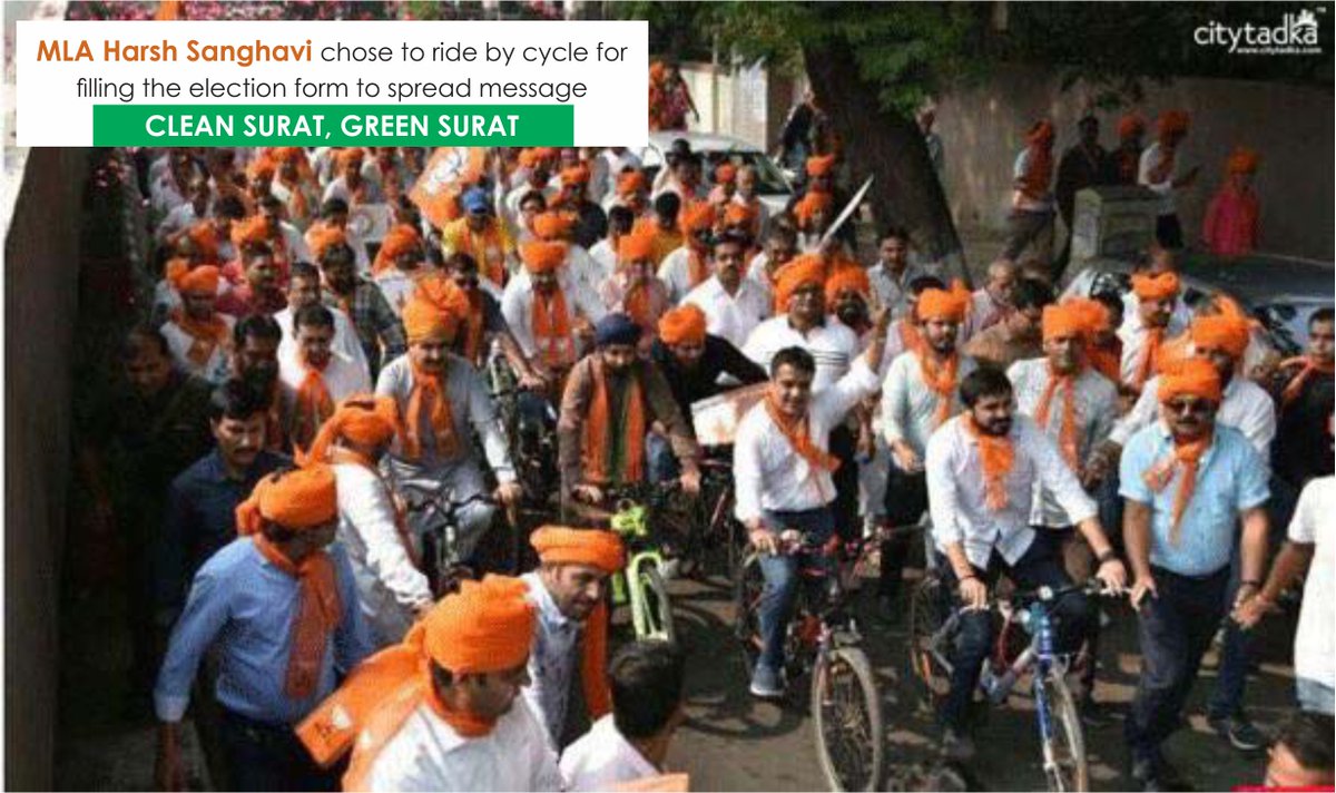 CityTadka's tweet photo. MLA Harsh Sanghavi chose to ride by cycle for filling the election form to spread message CLEAN SURAT, GREEN SURAT.
For details:
https://t.co/jtFg8XVTok
#cyclerally #cleansuratgreensurat  #electionform https://t.co/xv65YMBNTo