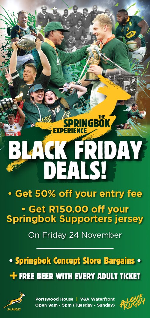 Bokmuseum's tweet photo. You will have good deals during Black Friday and then you will have this one! @VandAWaterfront #SpringbokExperience https://t.co/bf6HqwvWoO