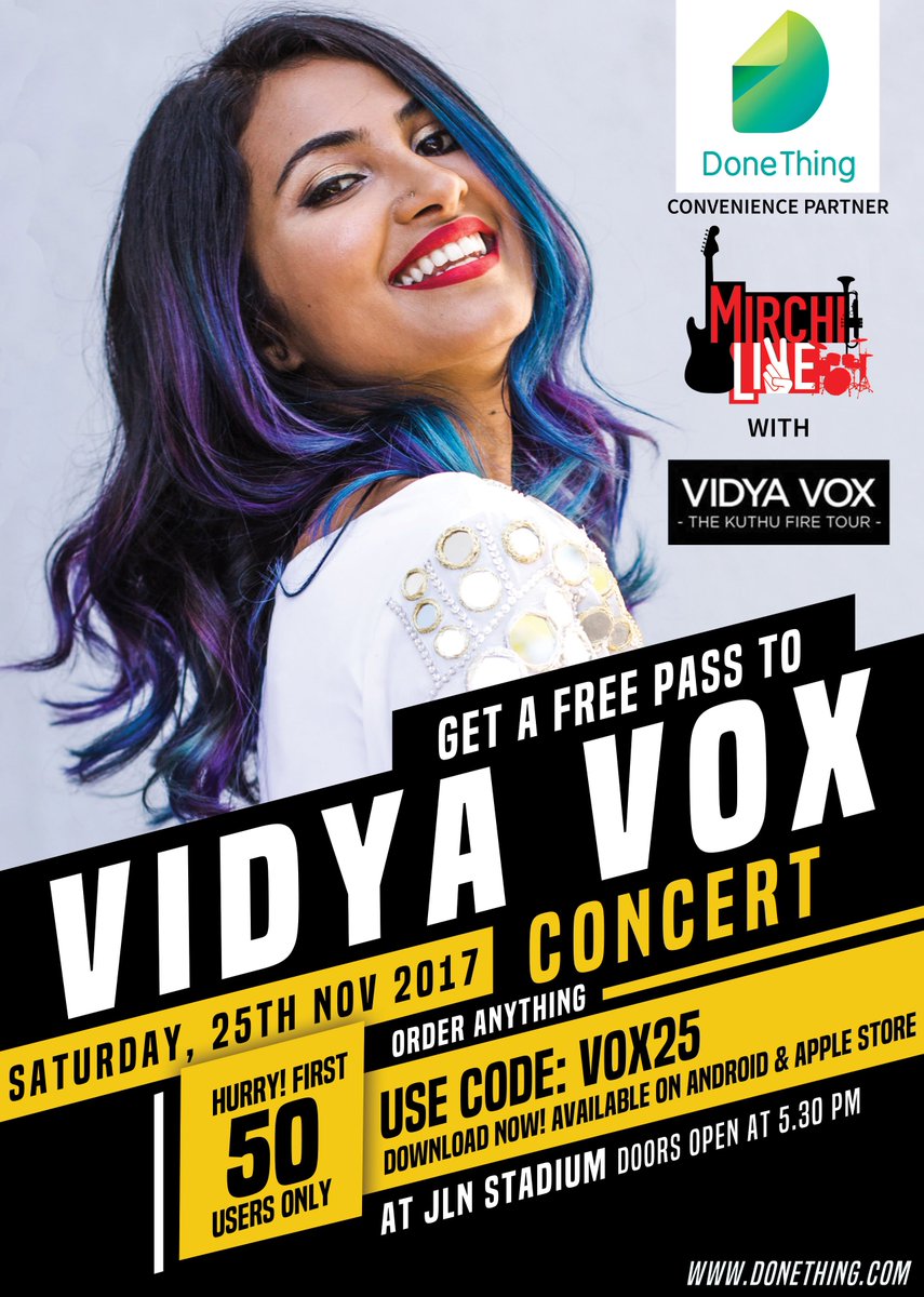 ORDER ANYTHING &amp; STAND A CHANCE TO WIN FREE PASSES TO <a href="/VidyaVox/">Vidya</a> LIVE CONCERT! Initiated by @RadioMirchi <a href="/mirchilivedelhi/">Mirchi Live Delhi</a>
Steps to win passes: 
Step 1 - Download the app - onelink.to/dthing
Step 2 - Use code VOX25 on DoneThing App checkout.