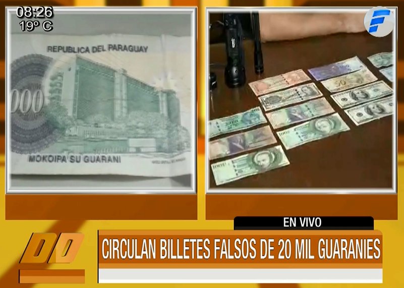 Hay billetes de gs. 20 mil falsos. Diferencias:
Original: cuenta con una marca de agua. Falso: marca de agua de baja calidad.
Original: cuenta con el hilo de seguridad. Falso: Hilo de seguridad discontinua.
Original: impresión de alto relieve. Falso: impresión lisa 
#TelefuturoPy