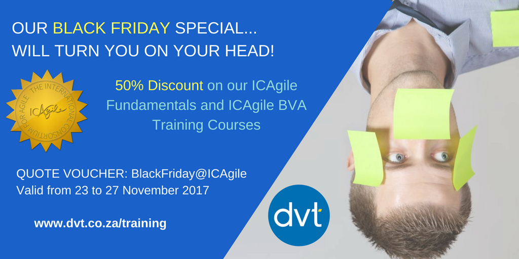 Special #BlackFriday offer! 50% discount on <a href="/DVT_Academy/">DVT Academy</a> @ICAgiletraining courses. Limited time only! Book from 23 to 27 November 2017 ow.ly/XWDa30gJmxS Quote voucher #BlackFriday@ICAgile