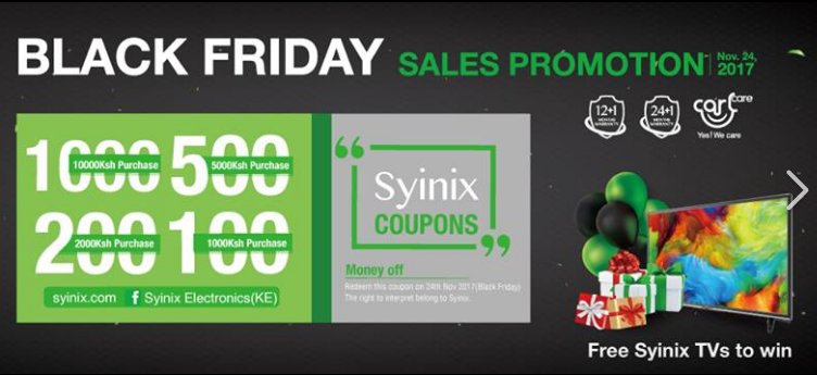 Syinix_Kenya's tweet photo. Stand a chance to get amazing discounts on Syinix Black Friday this Friday 24th Nov 2017. Get the flyers at stores near you and cut out the coupon more favorable to you, and a chance to win Syinix Gifts and 43 inch Full HD TV..
Share this post to friends and family #syinixlove. https://t.co/0Mmw4cZmkR