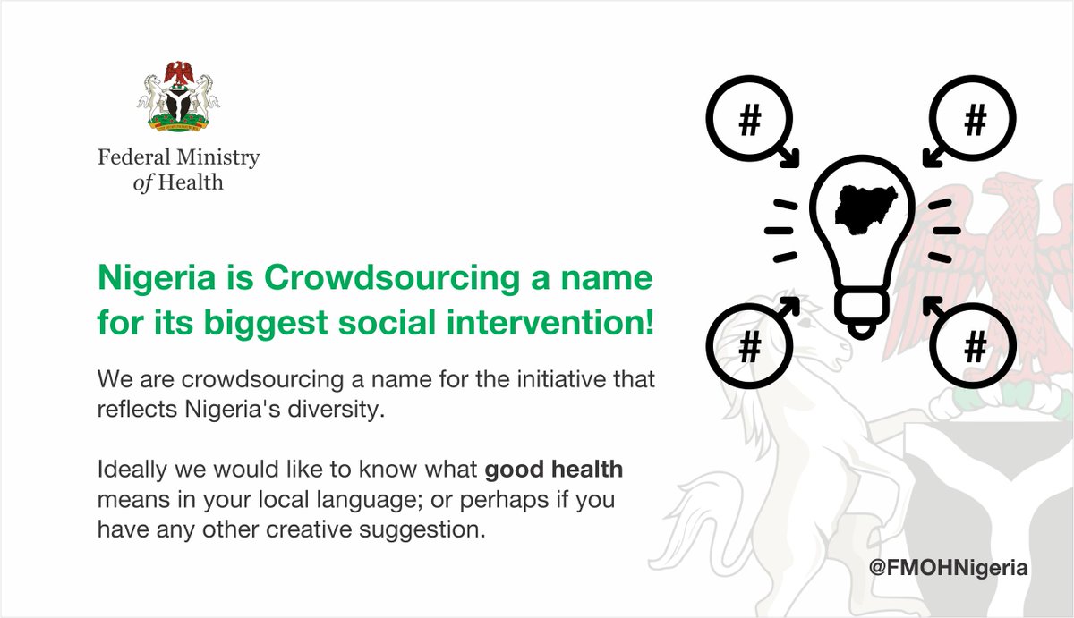 Fmohnigeria's tweet photo. We have invited Nigerians to join us today #November22 because we want to #StartTogether.

The Basic Healthcare Provision Fund needs an easier name, possibly from one of our beautiful diverse local languages.

We have therefore chosen to #Crowdsource #BHCPF #Name from Nigerians. https://t.co/ksUIzVoank