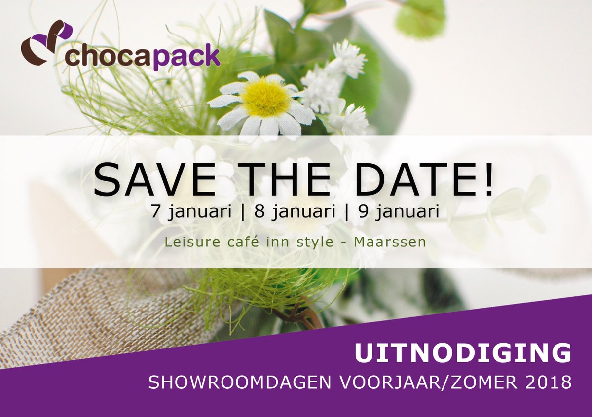 ChocaPack's tweet photo. Op 7, 8 &amp; 9 januari 2018 presenteren wij de voorjaarscollecties 2018 in het Leisure café van Inn style in Maarssen. U kunt vanaf vandaag een afspraak maken door te mailen naar info@chocapack.nl. Tot dan! https://t.co/oNsfEuwozr