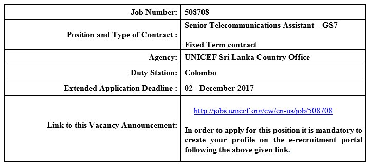 UpulTR's tweet photo. #SriLanka #vacancies deadline extension
Senior Telecommunications Assistant
UNICEF Sri Lanka Country Office
Deadline 2 December 2017
Please share
#SLJobs https://t.co/axxaHfRVu7