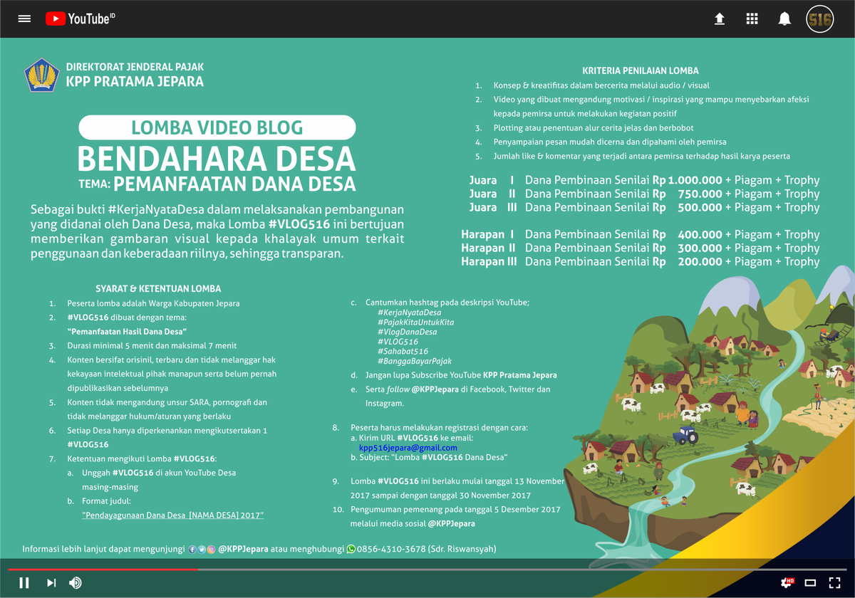 pajakjepara's tweet photo. @endaryono @KemenkeuRI @DitjenPajakRI @PajakJateng1 @aniwinn @ISuwandio @mugiharto107 @agungpakde @kushartoto011 @philippattynama @SuhudSudharmana @tigasatumei @UungEka @putra_head @master_fuu @MutiaraPriska @adillaratuu @Sugengkurni @sugianto_lopez @SalimhamidC @sayvul @azaekhan Kembali kami mengingatkan kepada #Sahabat516 khususnya pengelola #DanaDesa, bahwa sebagai dukungan terkait #PembangunanDesa dan bukti #KerjaNyataDesa, @KPPJepara kembali menggelar #LombaVlog. Silahkan pelajari syarat & ketentuan lomba. #Vlog516 https://t.co/gGIslvwzyt