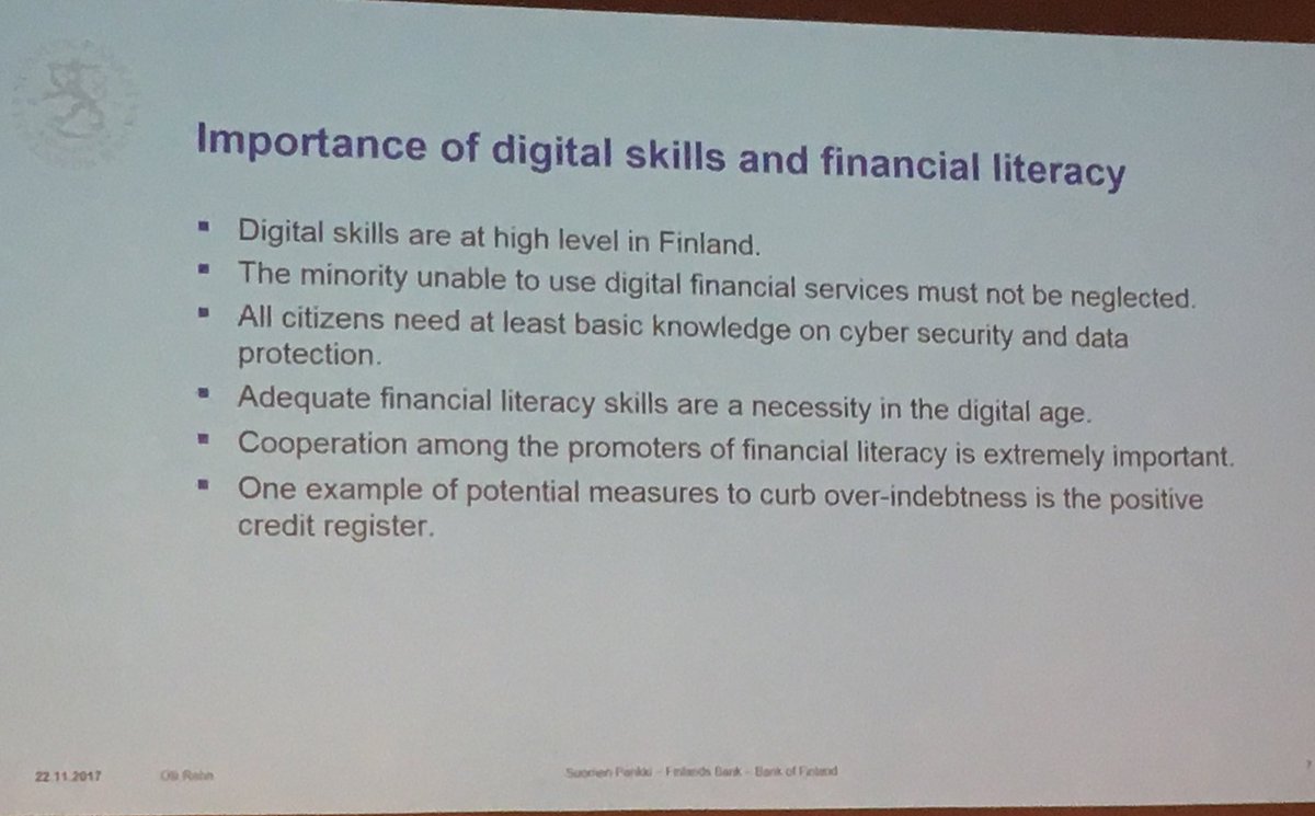 Kemppainen_Kari's tweet photo. Olli Rehn’s key note at FIN-FSA’s conference: Importance of financial  literacy in digitalising financial markets is increasing #Fivaseminaari #FinancialLiteracy #cooperation @FIN_FSA @ollirehn @SuomenPankki #talouslukutaito #talousosaaminen https://t.co/kwMUdjWHrJ