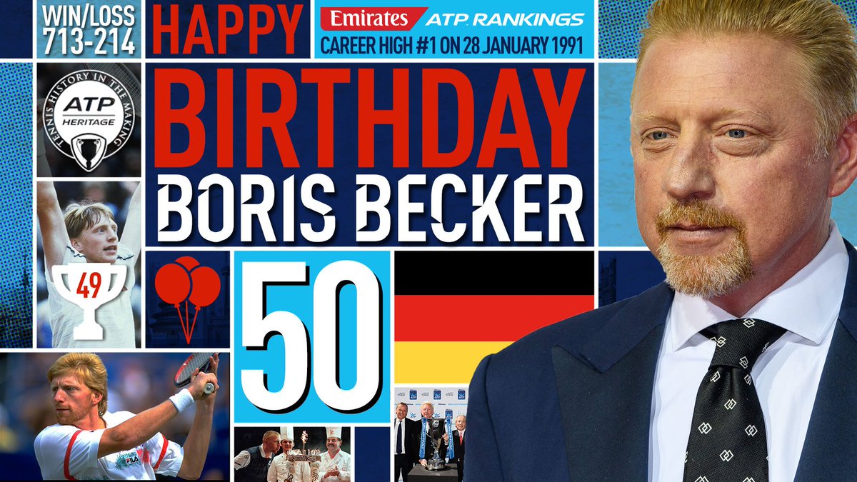 atptour's tweet photo. Happy 5⃣0⃣th Birthday to 🇩🇪 legend, @TheBorisBecker! 🎂 Have a great day, Boris! Profile ➡️ https://t.co/7YFsIVhluU https://t.co/DjcZWziWNw