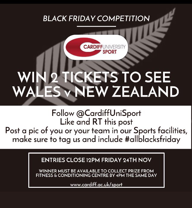 CardiffUniSport's tweet photo. Get involved today to win 2 x tickets to the game on Saturday. Retweet, follow and send a pic of you at our facilities to enter!  #AllBlacksFriday @CardiffLacrosse @CardiffUniBBall @CdfUniBC @CardiffAU @CURCT https://t.co/aBKg494uVy