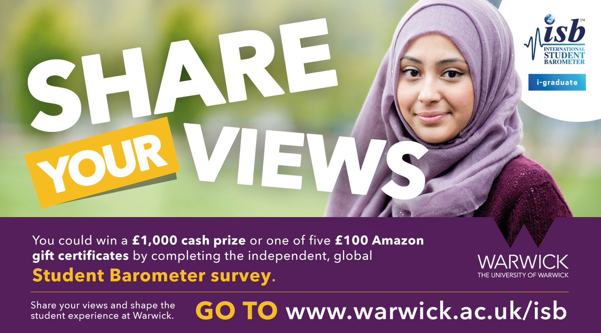 uniofwarwick's tweet photo. Have you completed the #StudentBarometer survey? Share your feedback &amp; you could win either a £1,000 cash prize or donate £1,000 to charity 📝💻💰😃 
https://t.co/EkZ9TvUwLF https://t.co/Cg1TAt7RNn