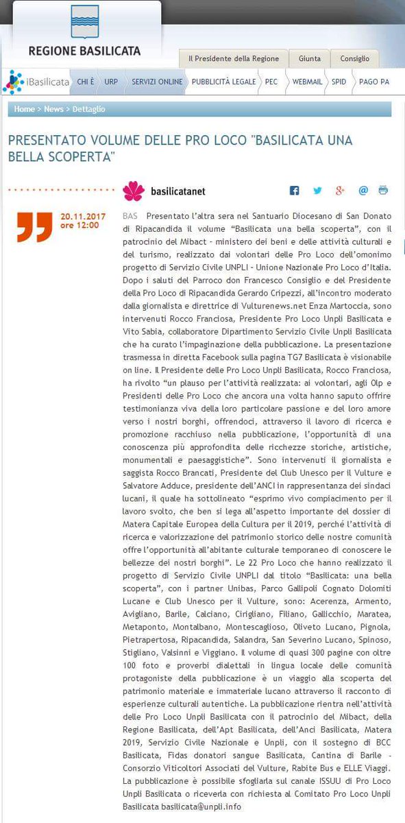 unplibasilicata's tweet photo. #RassegnaStampa
Presentazione #Basilicata una #Bellascoperta
Volume realizzato dai #Volontari delle #Proloco @UNPLI  #ServizioCivile  
grazie @IlMattinoFoggia #LaNuovaDelSud @RomaLucania @regbasilicata https://t.co/VHsCgOLHIr