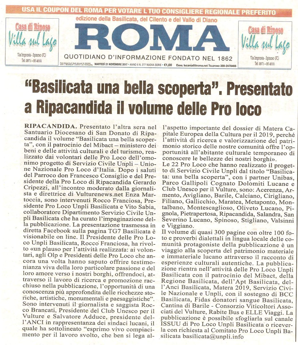unplibasilicata's tweet photo. #RassegnaStampa
Presentazione #Basilicata una #Bellascoperta
Volume realizzato dai #Volontari delle #Proloco @UNPLI  #ServizioCivile  
grazie @IlMattinoFoggia #LaNuovaDelSud @RomaLucania @regbasilicata https://t.co/VHsCgOLHIr