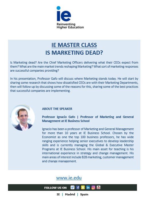 IE_MEA's tweet photo. Join us today in #CAIRO for the Master Class "Is #Marketing Dead?" at 7.30 pm in the Fairmont Heliopolis Hotel. Register: MEA@ie.edu https://t.co/UOInswuN3J