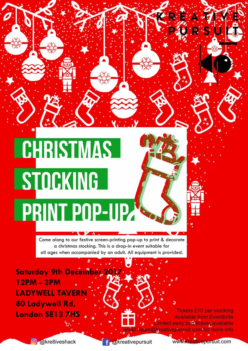 Kreative Pursuit are hosting a Christmas stocking print workshop at the Tavern Sat 9th Dec email team@kreativepursuit.com for more info