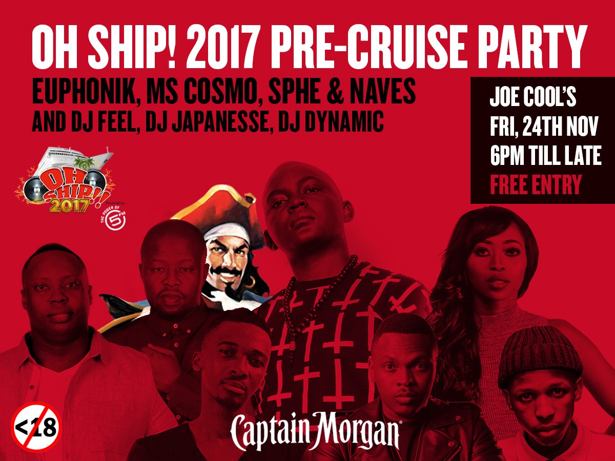 euphonik's tweet image. RT @OhShipSA: Join @CaptainMorganSA, @euphonik, @MsCosmoDJ, @SPHEctacula, @DJNAVES and @DJFeelSA at our #OhShip2017 pre-cruise party at #JoeCools in Durban on 24 November!