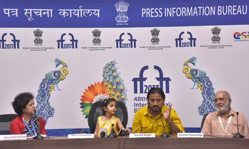 Director of the Film #PushkarPuran, Shri Kamal Swaroop, Director of the Film #Pihu, <a href="/vinodkapri/">Vinod Kapri</a> and Child Artist, Myra Vishwakarma, at a presser, during #IFFI2017, in Goa