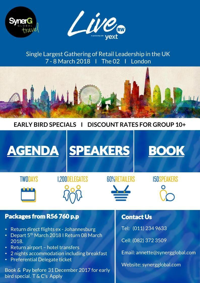 Retail Week Live Special Package I The O2 London 7-8 March 2018
Agenda: live.retail-week.com/agenda-at-a-gl…
Speakers live.retail-week.com/speakers-2018
Book: annette@synergglobal.com