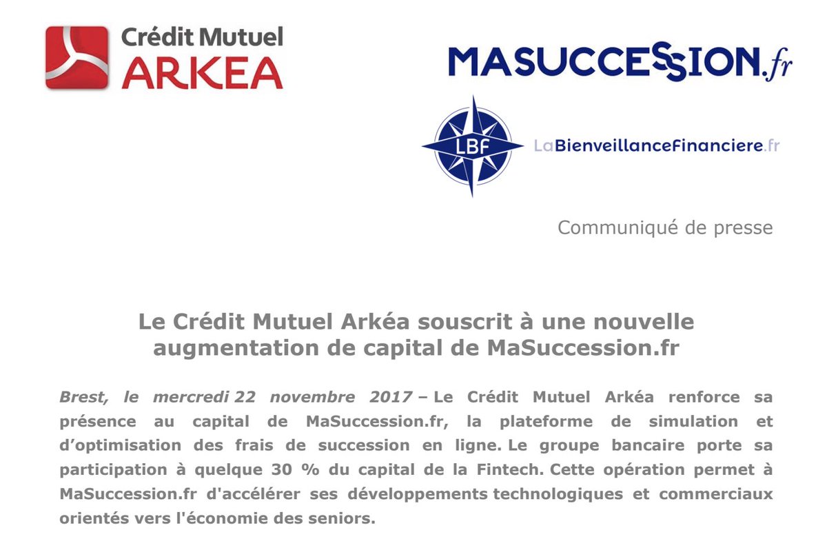 📣 #News : Nouvelle augmentation de capital pour notre membre <a href="/MaSuccession/">Ma Succession</a> auprès de <a href="/cmarkea/">Crédit Mutuel Arkéa</a> 🤝💸 #Fintech #Succession #Innovation 🎉👏
👉 masuccession.fr/calculez-et-re…