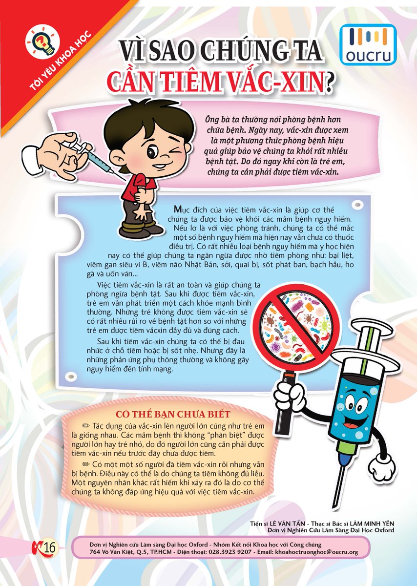 Our science magazine page for school students this week features an article about the importance of vaccination written by Dr. Le Van Tan and Dr. Lam Minh Yen from Emerging Infections Group. #OUCRU #PublicEngagement #Toiyeukhoahoc
