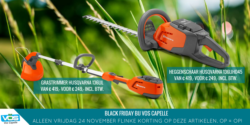 Aanstaande vrijdag is het Black Friday bij Vos Capelle. Flinke korting op #Heggenschaar Husqvarna (136LiHD45 incl. BLi80 batterij en QC80 lader) en #Trimmer Husqvarna (136LiL incl. BLi80 batterij en QC80 lader). OP = OP dus sla vrijdag uw slag! #blackfriday #husqvarna #korting
