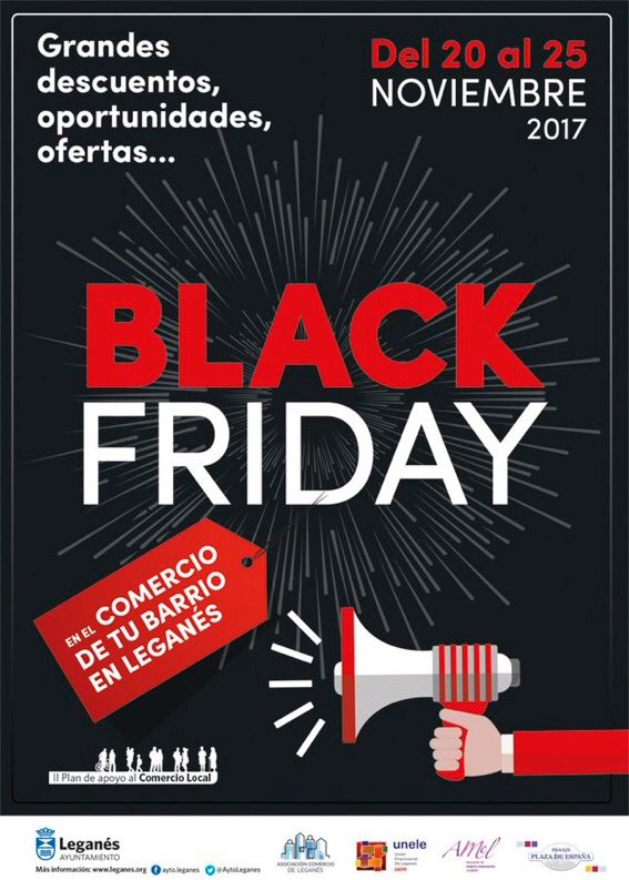Hoy, tercera jornada del #BlackFridayLeganés. Las mejores compras y ofertas 🛒 siempre en el pequeño comercio de #Leganés. ¡Sal a buscar grandes descuentos! 📸📚🎉💈