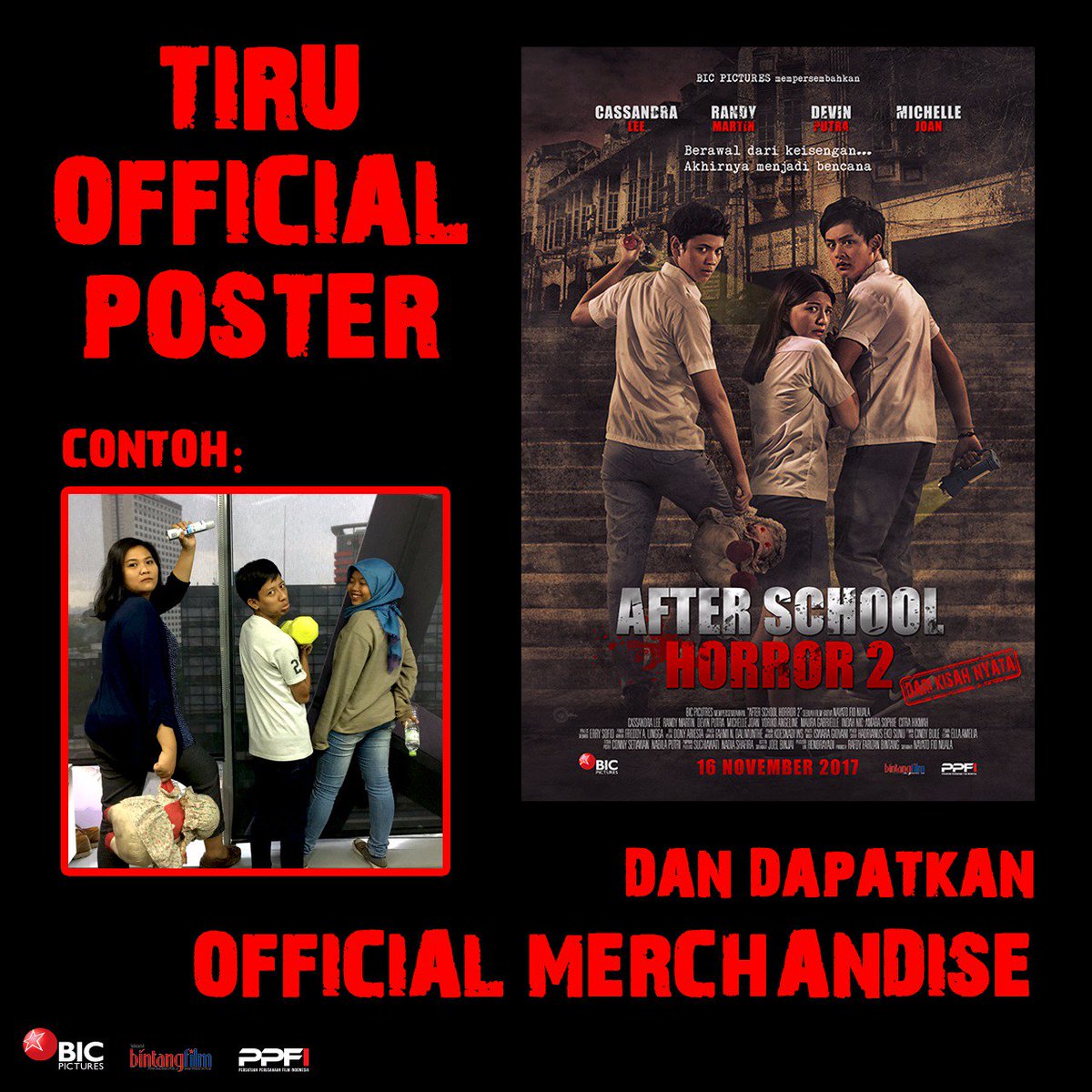 Mau official merchandise #AFTERSCHOOLHORROR2? Ini caranya 👇

1. Tiru official poster #AFTERSCHOOLHORROR2 dgn 2 temanmu (sesuai poster)
2. Upload di Instagram pribadimu (pastikan akun tidak dikunci)
3. Sertakan hashtag #TugasAfterSchoolHorror2
4. Mention &amp; tag <a href="/bicpictures_/">BIC Pictures</a>