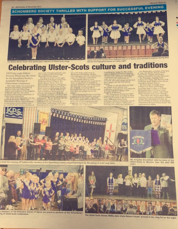 SchombergSoc's tweet photo. Fantastic coverage in today's #MourneObserver from our #CelebratingUlsterScots Evening last Friday! Make sure to get your copy! Thanks to everyone who made the evening a success! #OneToRemember @kingodonaldson @mckee1690 @JasminCullen3 https://t.co/gViYGTsm4V