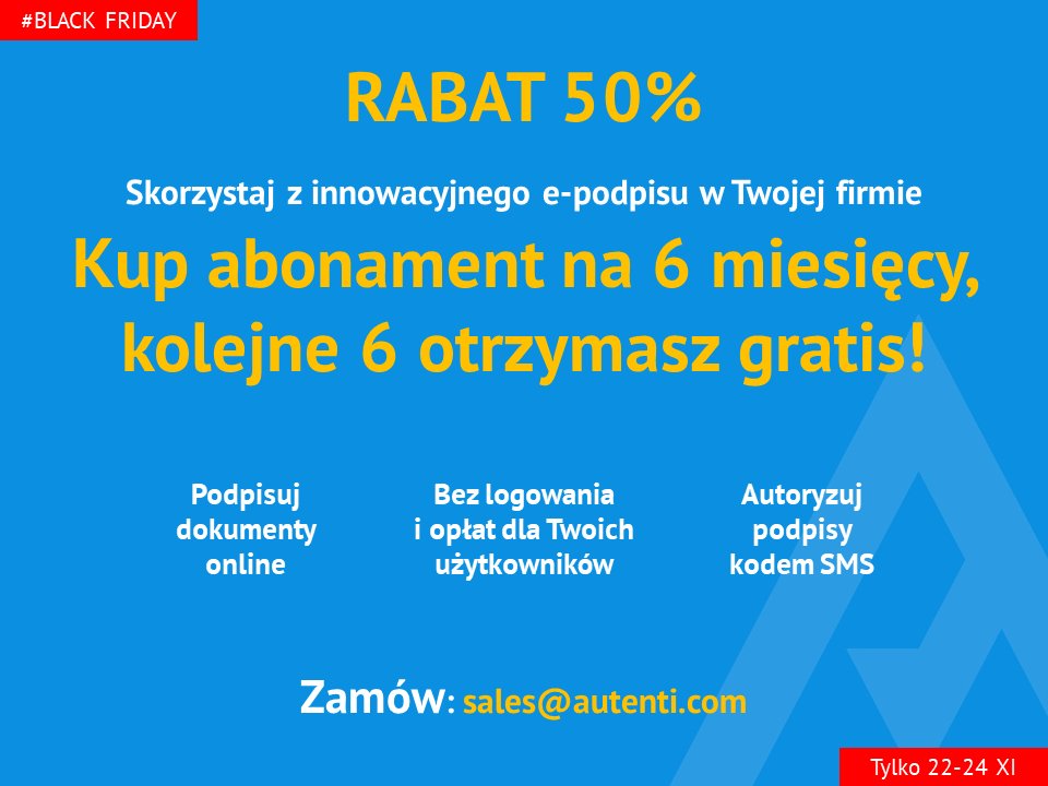 AutentiPL's tweet photo. #BlackFriday. Już wystartowaliśmy :)
Więcej szczegółów u naszych handlowców lub pod adresem sales@autenti.com.
Gorąco zapraszamy. Nasza akcja 50% OFF trwa tylko do piątku, 24 XI. https://t.co/CFtGpg42mU