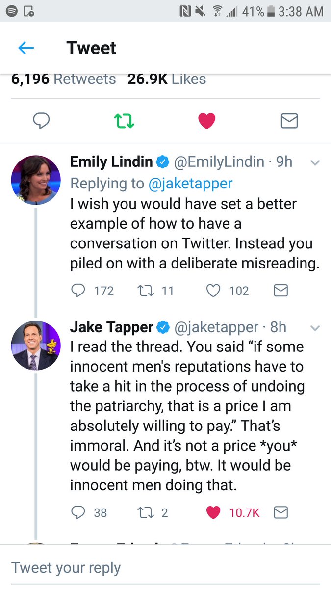 KeepTrumping's tweet photo. Wow mad props to @jaketapper, he is taking on this dopey "feminist" who thinks it's ok to falsely accuse men of sexual assault to get them fired. Credit where credit is due, good job Jake. @CNN @EmilyLindin @EmmaErbach https://t.co/INsLKNpucm