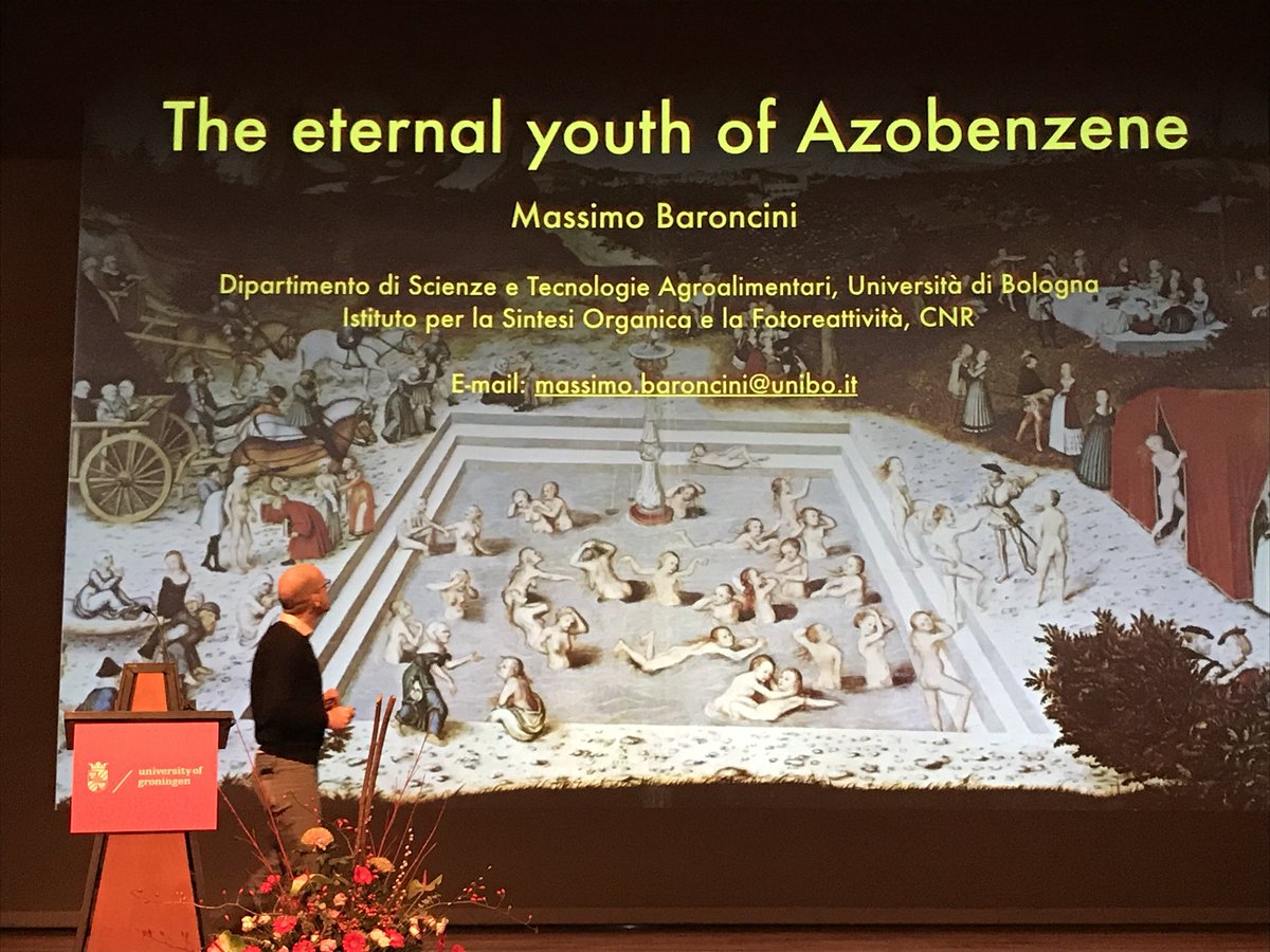 sirfrasersays's tweet photo. Massimo Baroncini (Bologna) treats us to a lesson on the history of azobenzene before describing the photoinduced reversible phase change in porous molecular crystals based on star-shaped azobenzene tetramers which he likens to caltrops!  #MMNP   @univgroningen https://t.co/1qcVMlPEhf
