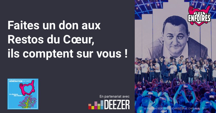 DeezerFR's tweet photo. Les @RestosDuCoeur comptent sur vous ! Pour les aider, vous pouvez écouter les albums des @Enfoires sur Deezer, et faire un don ici ➡️ https://t.co/7bVePdKC9z 👍 https://t.co/2BwIsttc75