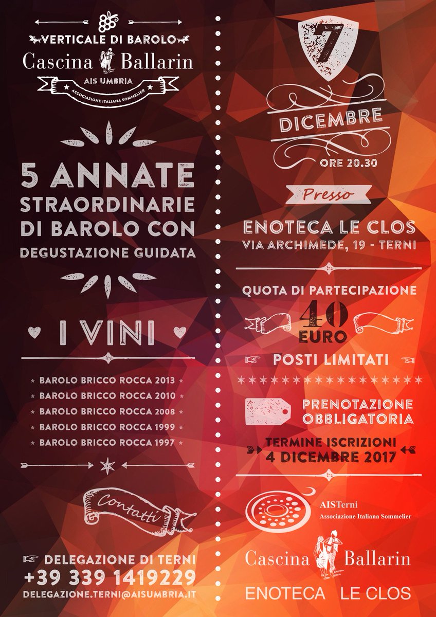 Ciao! Il prossimo 7 dicembre ci sarà un'imperdibile degustazione guidata dedicata al Barolo, organizzata dalla nostra delegazione di Terni. 
Trovate tutte le informazioni nell'immagine qui sotto 👇