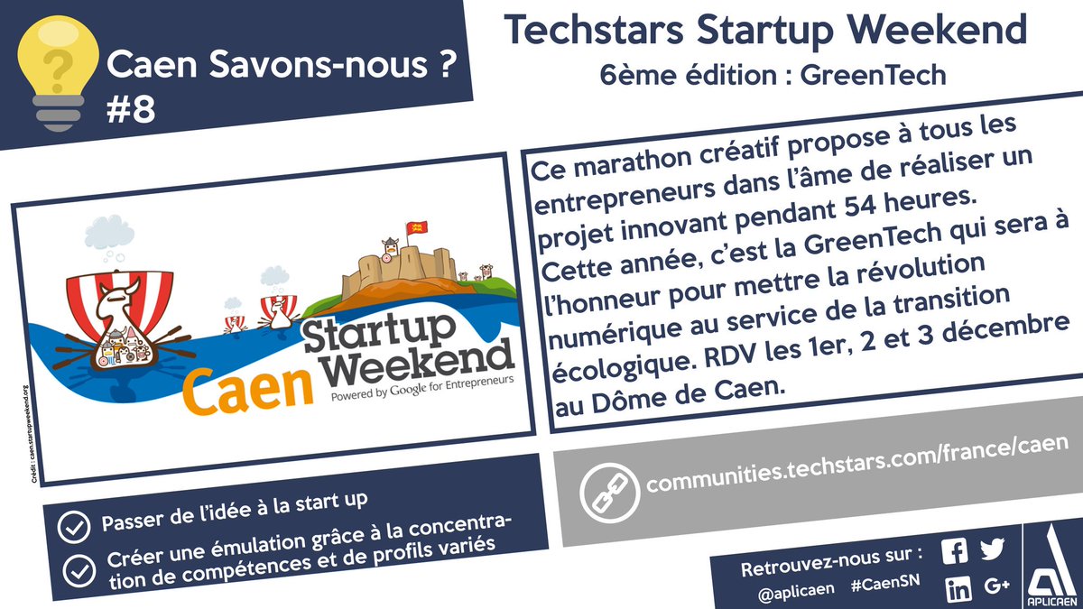 ENSIMissionLab's tweet photo. 💡Caen Savons-nous ? #8 
 La 6ème édition du #StartupWeekend à #Caen arrive, avec pour thème : la #GreenTech
 RDV début décembre à @_LeDome .

#CaenSN #Google #Entrepreneuriat #GoogleAvecCaen @CaenOfficiel @CaenDev @normandyFT @CCIdeCaen #APLICAEN https://t.co/ow4nUUDV1Y