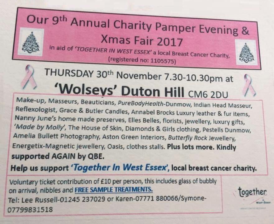 We have lots of new stalls &amp; many favourites returning 4 this year's Charity Pamper Evening &amp; Christmas Fair on Thurs 30th Nov! All money raised during the evening will go 2 local breast cancer charity Together in West Essex so please bring your friends, family &amp; neighbours along