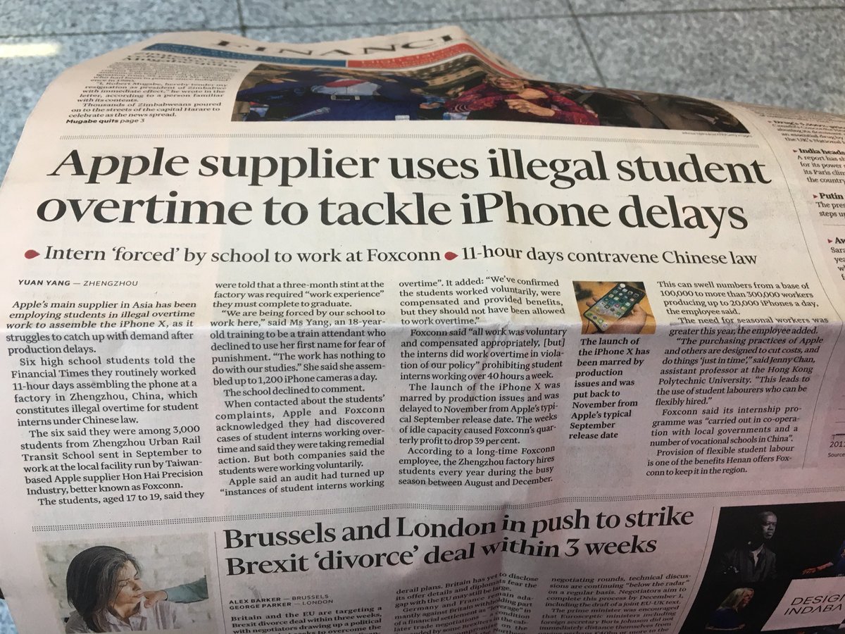 KravatFi's tweet photo. For almost any other company this would mean a #branddisaster - for @Apple probably not, because we are addicted to it. High School students illegally forced to work 11 hours to assemble #iPhoneX at #Foxconn - revealed by @FT https://t.co/bYDSD4f3oP