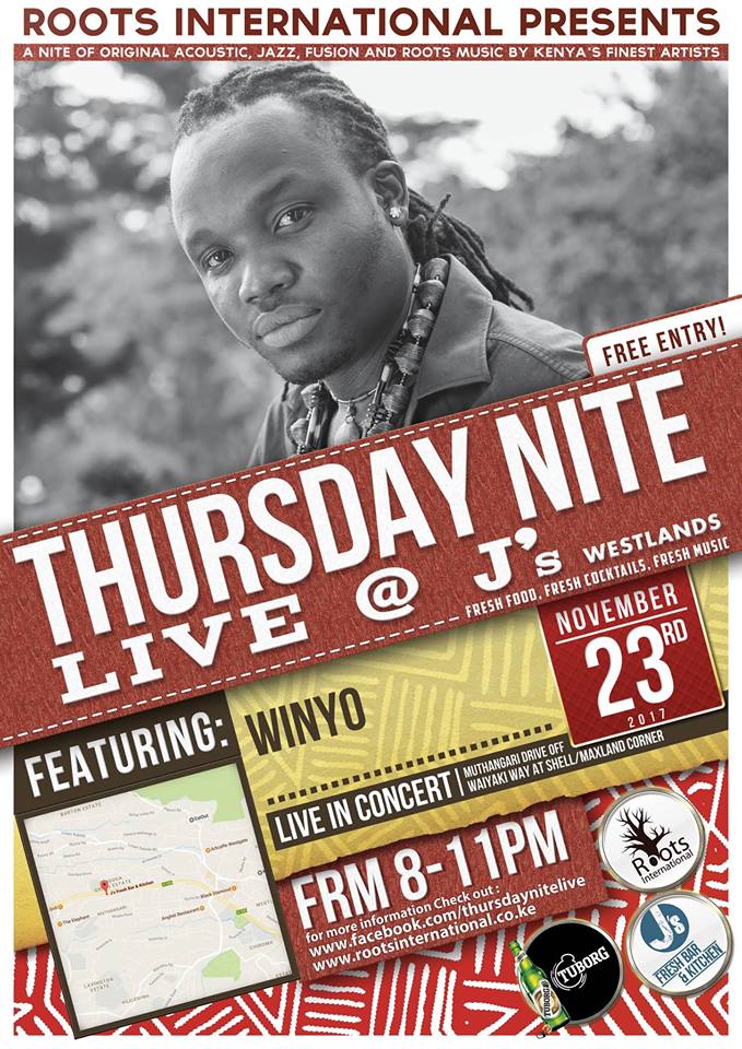 JsFreshKitchen's tweet photo. We are delighted to have the talented, singer/songwriter Winyo on our #ThursdayNiteLive stage tomorrow at J’s Westlands from 8 pm. Come and enjoy the authentic acoustic sounds of afro-fusion & jazz mixed with contemporary Benga. Book your table on: 0707612585 #jsfresh #TNL https://t.co/cFkfaNsPq7