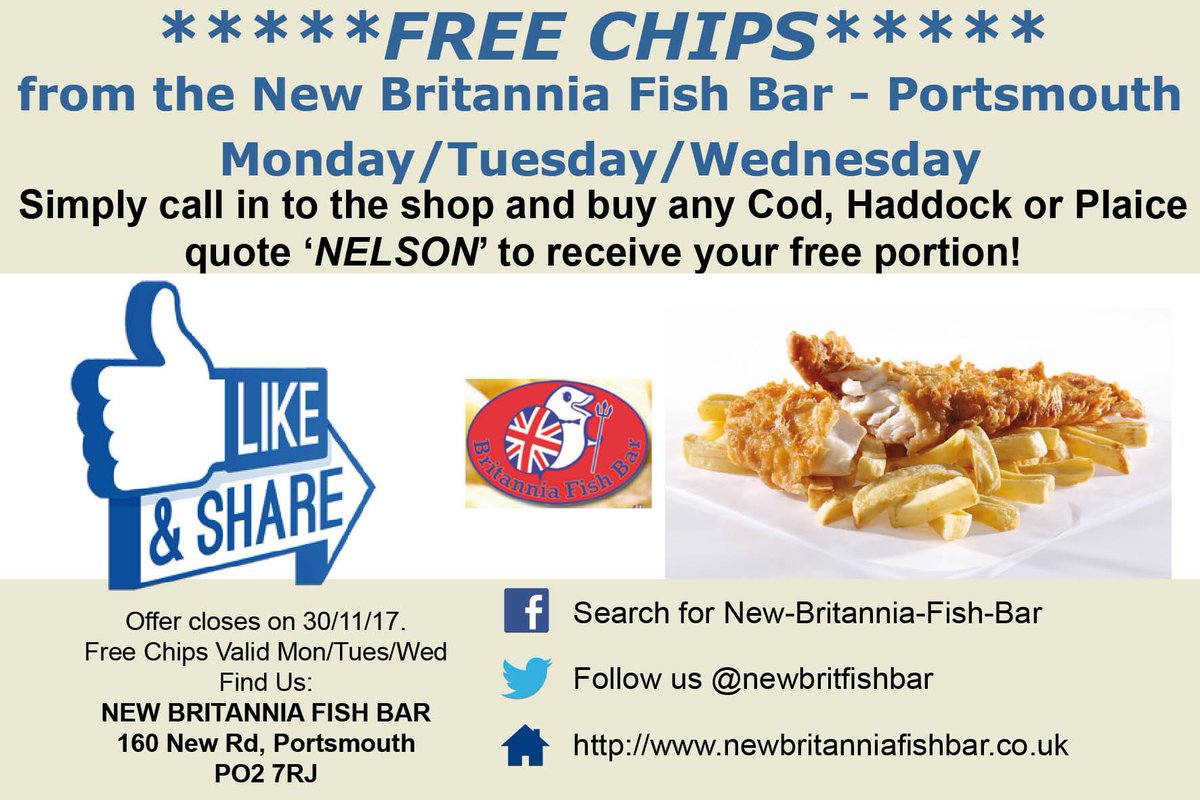 newbritfishbar's tweet photo. Day 3 this week of our free chips offer! Simply buy one Cod, Haddock or Plaice quote #NELSON and get free chips! It's that easy, no #competition entry required!! Open from 11:30am for #fishandchips #Portsmouth #Fratton #Pompey https://t.co/0CMaopzYhg