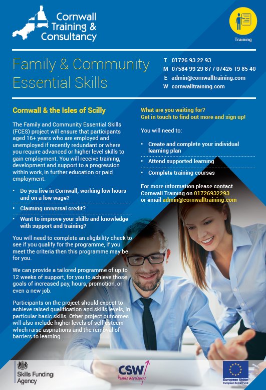 Cornwalltrain's tweet photo. Do YOU want some support and free training? Unemployed or employed we may be able to help. Our funded programmes can help, just get in touch @hailey_csw @CSWGroup_Cornwall 
https://t.co/1qwe8WLEjL https://t.co/aVPfFGsRQe