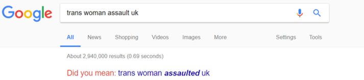 TransActualUK's tweet photo. One of our researchers was searching to c if there were actually any reports of trans women attacking non-trans women in UK public toilets. He couldn't find any articles covering any such attacks. Google was surprised that we'd even asked: "Did you mean trans woman ASSAULTED UK?" https://t.co/nCBvLI8McX