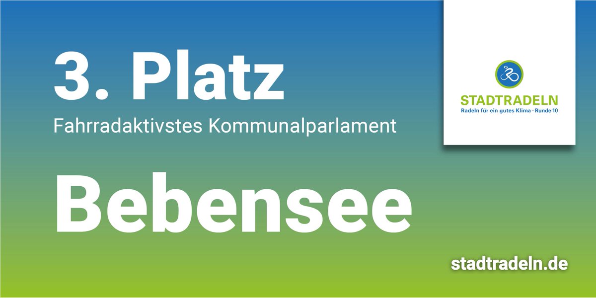 STADTRADELN's tweet photo. Platz 3 in der Kategorie „Fahrradaktivstes Kommunalparlament“: Herzlichen Glückwunsch nach #Bebensee! 9 von 9 ParlamentarierInnen haben 1.914,5 km erradelt. Das sind 212,7 km/ParlamentarierIn #STADTRADELN #TREPPCHEN #BRONZE #OLÈOLÈ https://t.co/P4jFH2HgkA