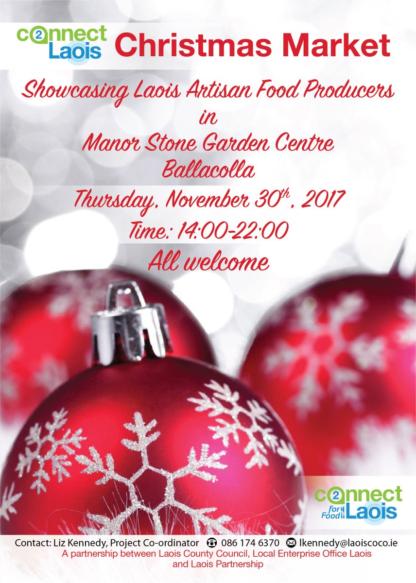 #Connect2Laois are hosting a Christmas market in Manor Stone, Rathdowney on Thursday 30th November to highlight local Laois producers. A great chance to pick up a special Christmas gift and support local businesses.
#ShopLocal #Christmas2017 #Laois #Rathdowney
