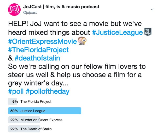 jojcast's tweet photo. TBH, having heard that #JusticeLeague makes Batman & Robin look like a "masterclass in storytelling", this is not the poll result we were looking for ๐
Oh well, Twitter has spoken, guess we're going in ๐
#twitterpoll #weaskedforit https://t.co/yTm6CnHiMB