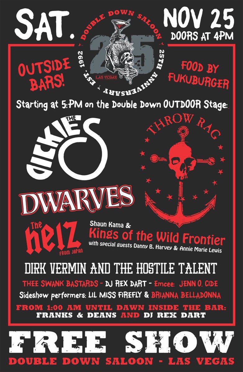 thedwarvesband's tweet photo. #TheDwarves #TheDickies #Throwrag Las Vegas Double Down Saloon Saturday. Dwarves at 9pm. Do not miss this Sin City! https://t.co/MdNbyLauNN