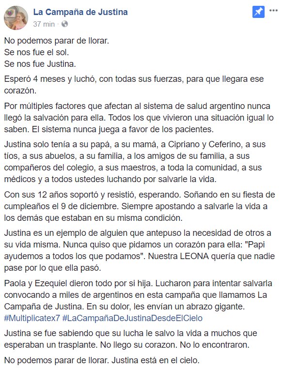 A24COM's tweet photo. "Justina se fue sabiendo que su lucha le salvó la vida a muchos que esperaban un trasplante".

La conmovedora carta de la familia de Justina. https://t.co/8bM0YfBPRc