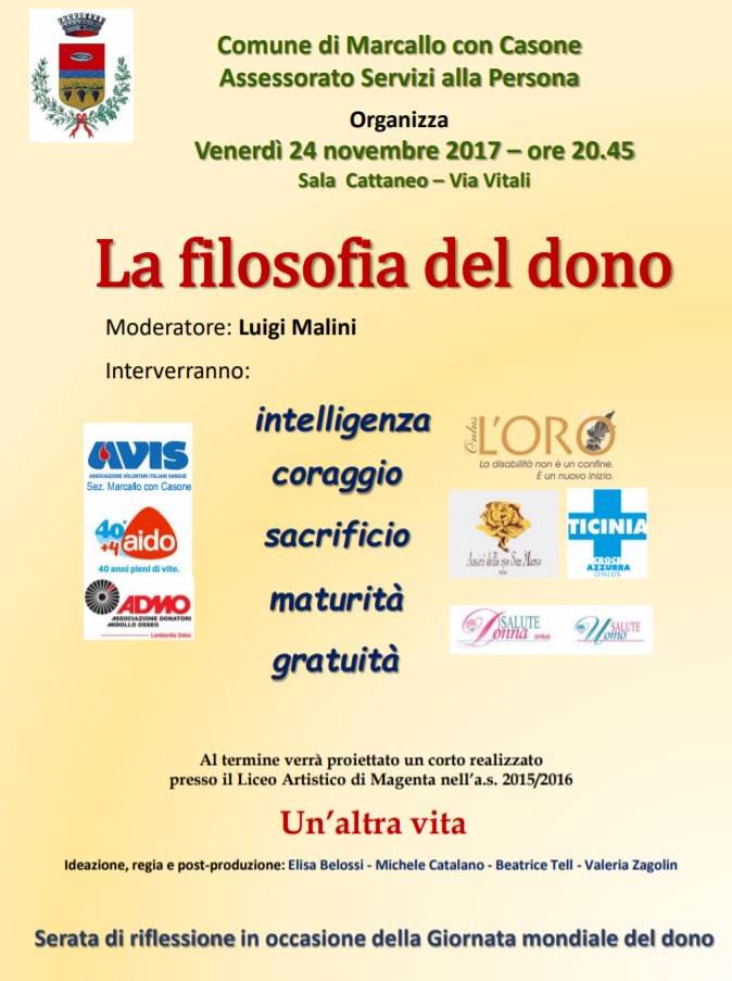 Salute_Donna's tweet photo. Serata di #riflessione questo venerdì, 24 novembre, a #Marcallo #con #Casone.
"La filosofia del dono", parteciperà per @Salute_Donna la nostra #volontaria Mariella Berra. https://t.co/EJYi8CKQft