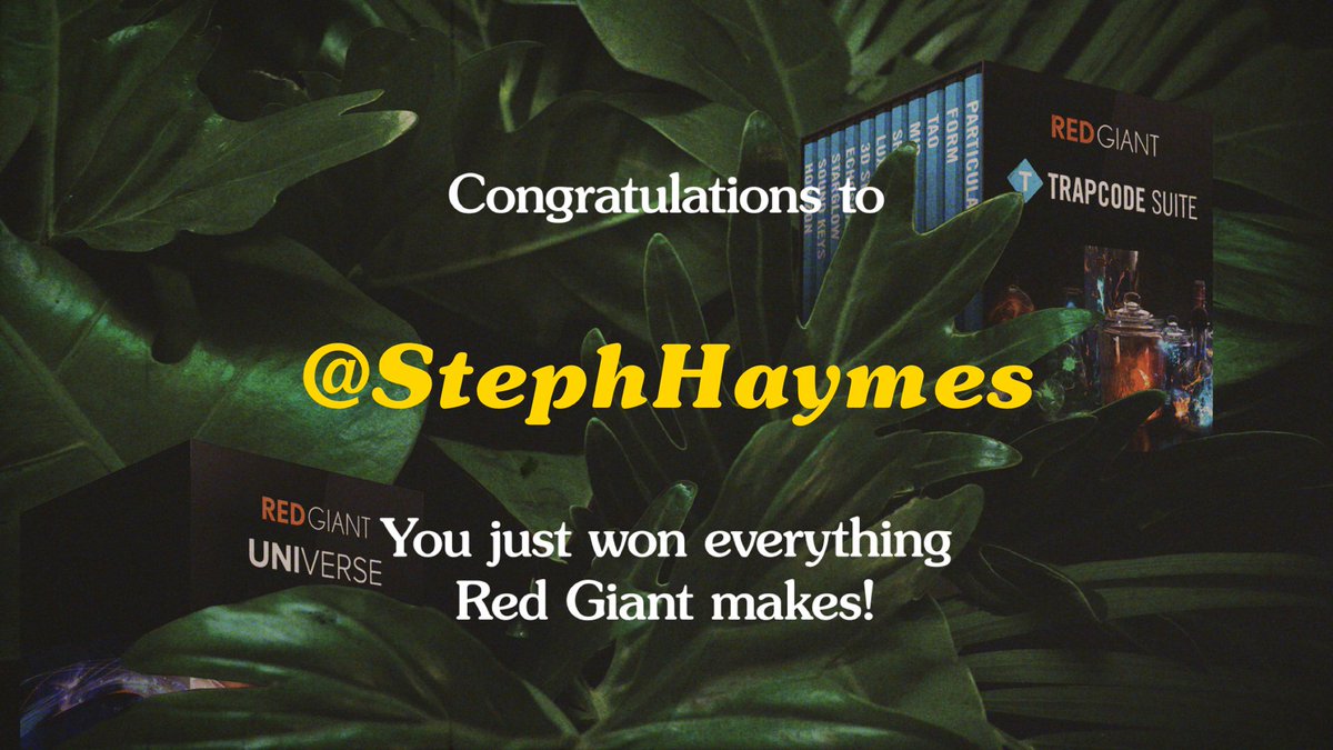 MaxonRedGiant's tweet photo. Congratulations to @StephHaymes, who just won EVERYTHING RED GIANT MAKES! 🎉🎉🎉

We’re picking 2 winners a day! Stay tuned! https://t.co/QCLMwZiRx5